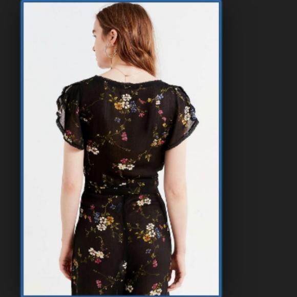 UO Marie Prairie Wrap Jumpsuit Black Floral Pants - Picture 4 of 8